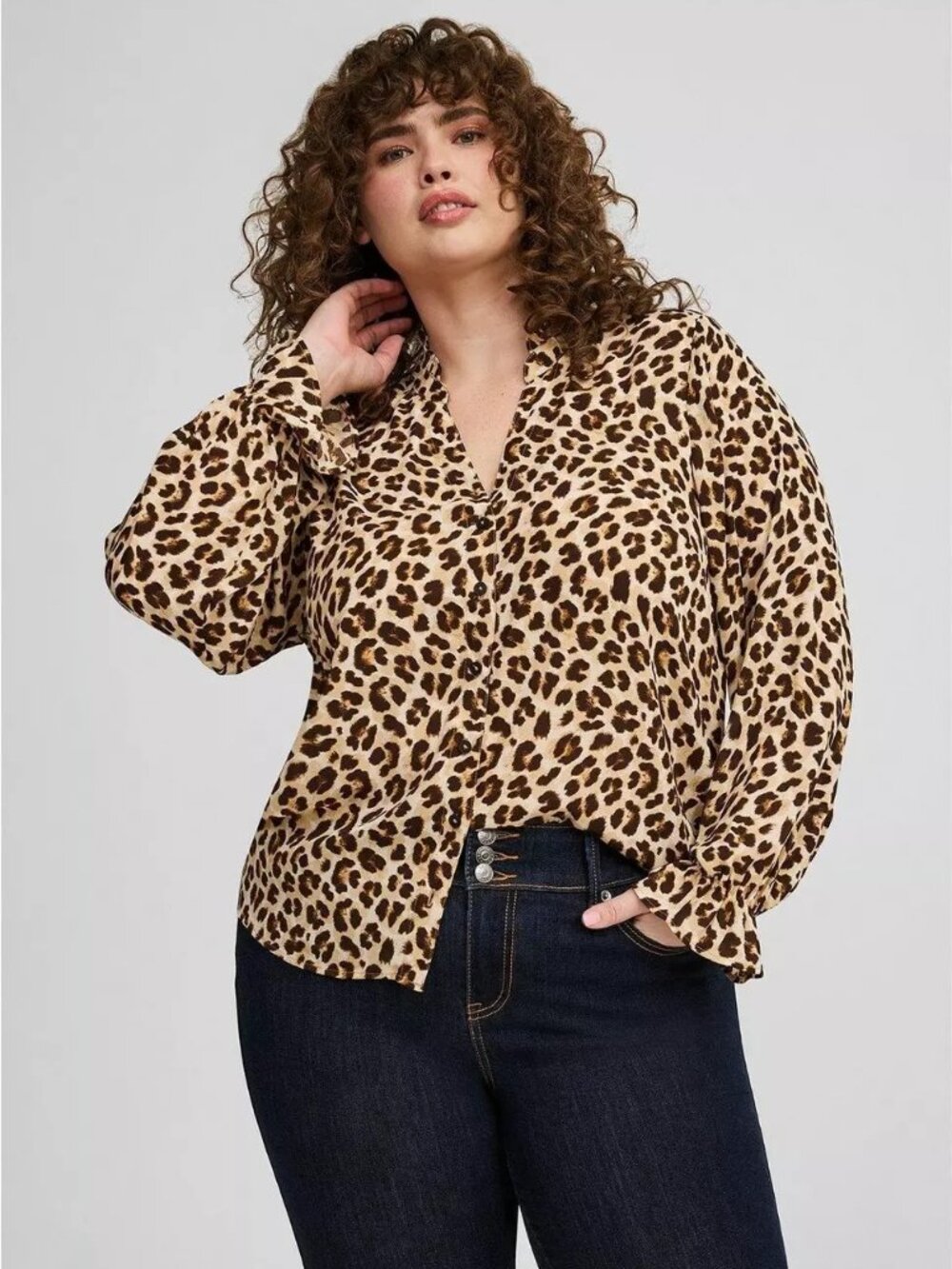 Torrid Leopard Print Button-Front Blouse Flare Wrist Size 1 -14-16